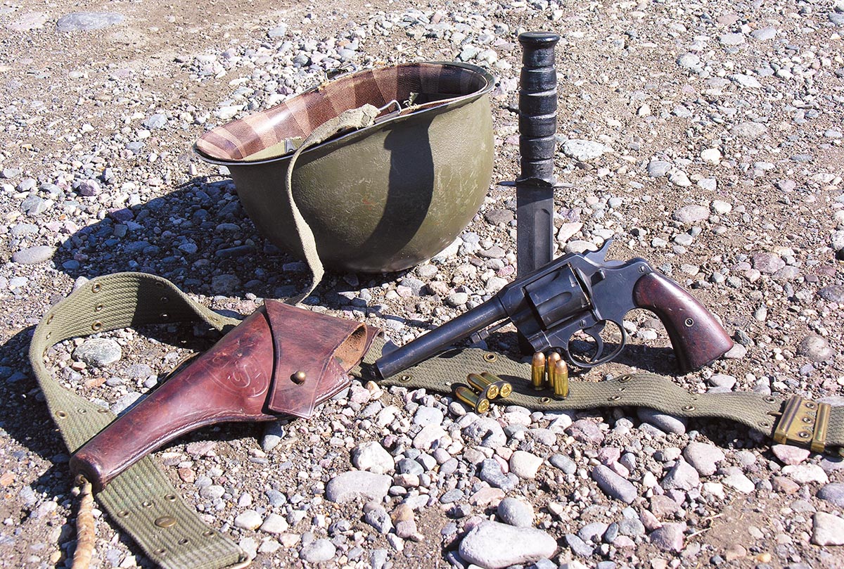 Although the Colt Model 1917 45 ACP double-action revolvers were built between 1917 and 1919 for World War I, many thousands were carried over and issued during World War II.